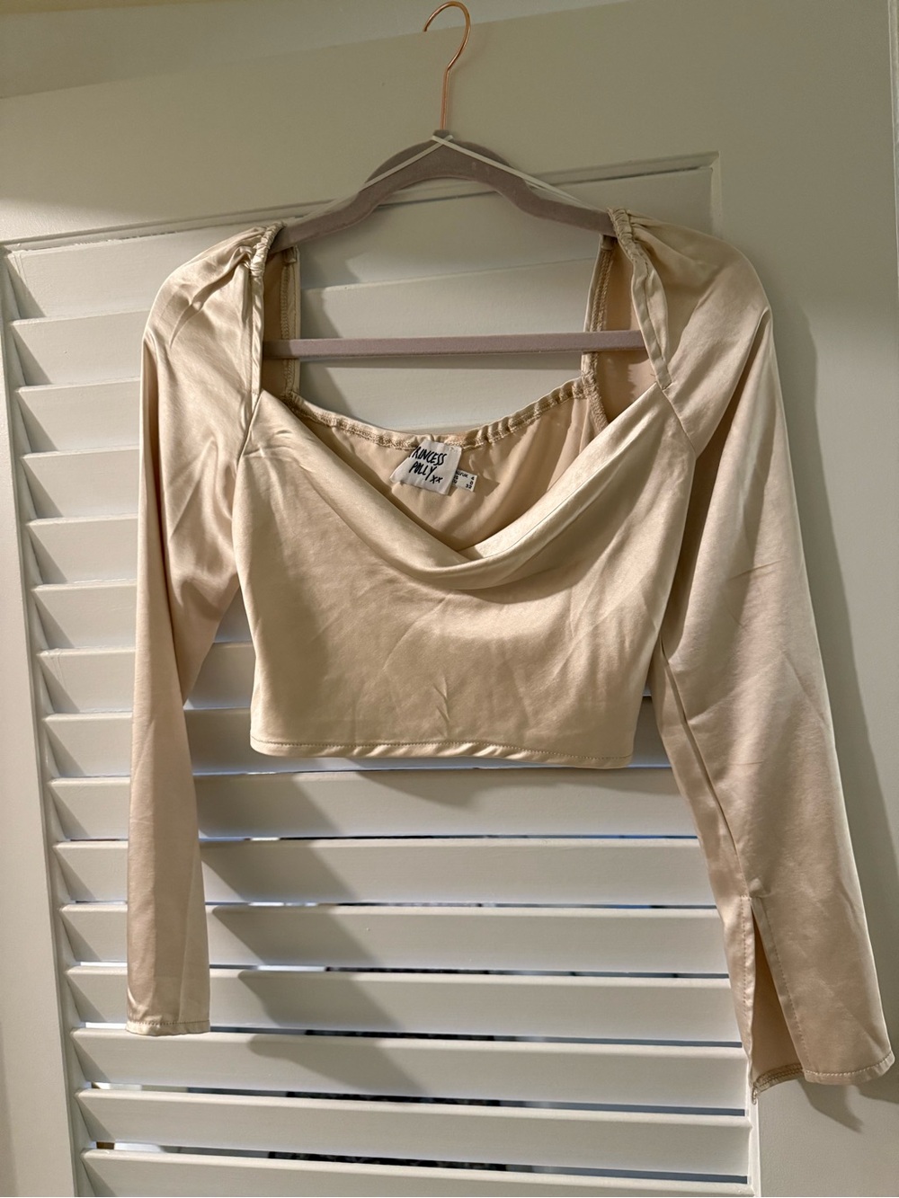 Princess Polly Cream Long-Sleeve Cropped Satin Top